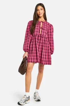 Smock Dresses*boohoo Check Tie Front Smock Dress pink