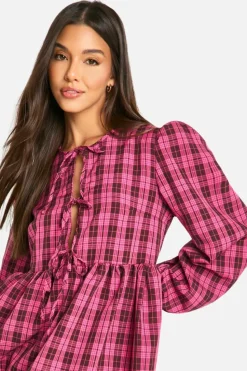 Smock Dresses*boohoo Check Tie Front Smock Dress pink