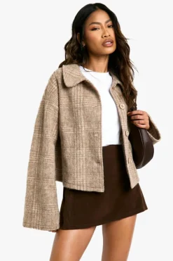 Up To 80% Off Winter Warmers|Wool Look Coats*boohoo Check Wool Look Collar Jacket stone