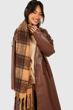 Hats & Gloves|Hats & Gloves*boohoo Checked Chunky Tassel Fringe Scarf brown