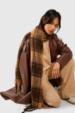Hats & Gloves|Hats & Gloves*boohoo Checked Chunky Tassel Fringe Scarf brown