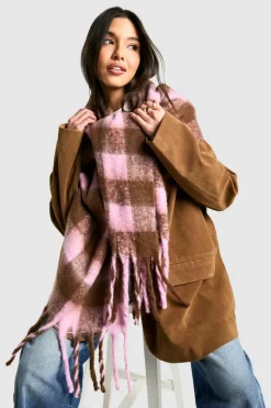 Hats & Gloves|Hats & Gloves*boohoo Checked Super Soft Tassel Scarf chocolate