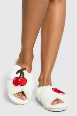 Slippers|Slippers*boohoo Cherry Applique Fluffy Slippers white