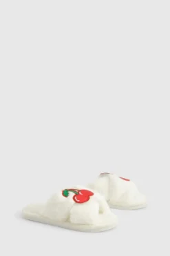 Slippers|Slippers*boohoo Cherry Applique Fluffy Slippers white