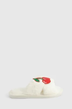 Slippers|Slippers*boohoo Cherry Applique Fluffy Slippers white
