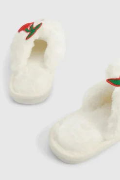 Slippers|Slippers*boohoo Cherry Applique Fluffy Slippers white
