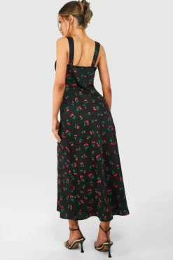 Cami Dresses*boohoo Cherry Print Satin Midaxi Dress black