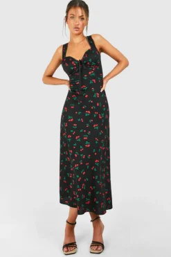 Cami Dresses*boohoo Cherry Print Satin Midaxi Dress black