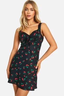 Cami Dresses*boohoo Cherry Print Satin Slip Mini Dress black