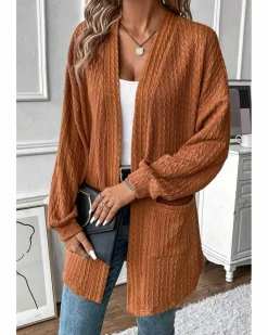 Cardigans*Azura Exchange Chestnut Textured Knit Side Pockets Open Front Cardigan Brown