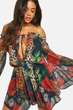 Smock Dresses*boohoo Chiffon Animal Floral Bardot Flare Mini Dress black