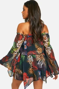 Smock Dresses*boohoo Chiffon Animal Floral Bardot Flare Mini Dress black