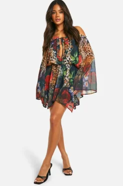 Smock Dresses*boohoo Chiffon Animal Floral Bardot Flare Mini Dress black