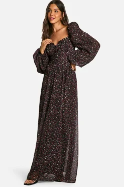 Skater Dresses*boohoo Chiffon Cherry Print Puff Sleeve Milkmaid Maxi Dress black