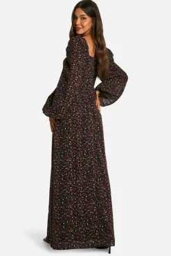 Skater Dresses*boohoo Chiffon Cherry Print Puff Sleeve Milkmaid Maxi Dress black