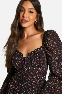 Skater Dresses*boohoo Chiffon Cherry Print Puff Sleeve Milkmaid Maxi Dress black