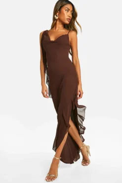 Maxi Dresses*boohoo Chiffon Cowl Neck Maxi Dress chocolate