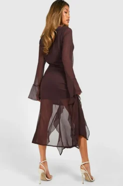 Smock Dresses|Midi Dresses*boohoo Chiffon Frill Midi Smock Dress chocolate