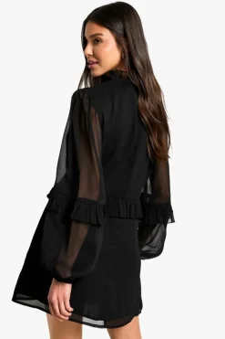 Mini Dresses|Long Sleeve Dresses*boohoo Chiffon High Neck Shift Mini Dress black