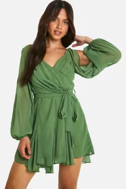Wrap Dresses|Skater Dresses*boohoo Chiffon Lace Back Puff Sleeve Wrap Skater Dress olive