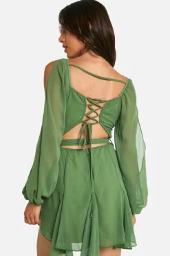 Wrap Dresses|Skater Dresses*boohoo Chiffon Lace Back Puff Sleeve Wrap Skater Dress olive