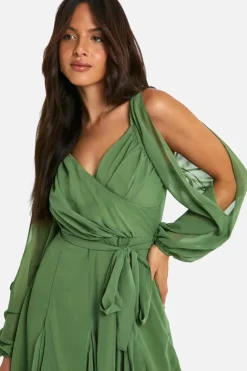 Wrap Dresses|Skater Dresses*boohoo Chiffon Lace Back Puff Sleeve Wrap Skater Dress olive