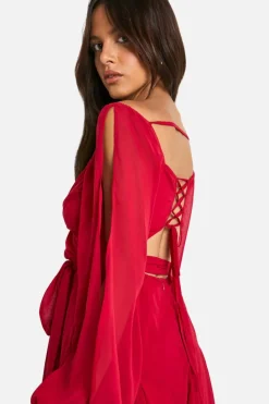 Wrap Dresses|Skater Dresses*boohoo Chiffon Lace Back Puff Sleeve Wrap Skater Dress red
