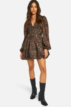 Skater Dresses|Mini Dresses*boohoo Chiffon Print Puff Sleeve Milkmaid Skater Dress leopard