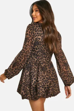Skater Dresses|Mini Dresses*boohoo Chiffon Print Puff Sleeve Milkmaid Skater Dress leopard