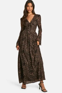 Skater Dresses*boohoo Chiffon Print Puff Sleeve Milkmaid Maxi Dress leopard