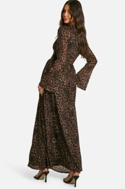 Skater Dresses*boohoo Chiffon Print Puff Sleeve Milkmaid Maxi Dress leopard