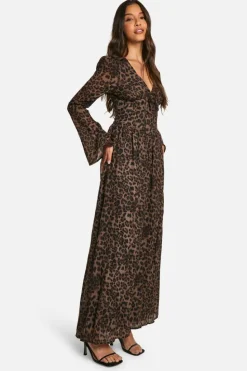 Skater Dresses*boohoo Chiffon Print Puff Sleeve Milkmaid Maxi Dress leopard