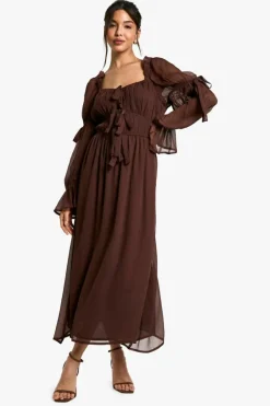 Smock Dresses*boohoo Chiffon Milkmaid Midaxi Dress chocolate