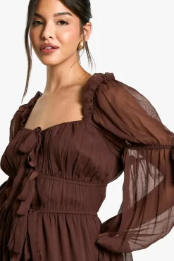Smock Dresses*boohoo Chiffon Milkmaid Midaxi Dress chocolate