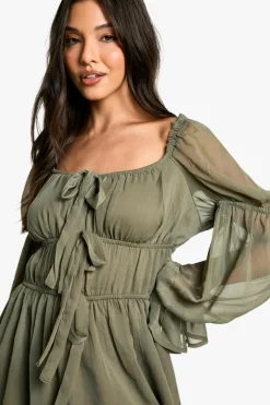 Smock Dresses*boohoo Chiffon Milkmaid Mini Dress dark olive