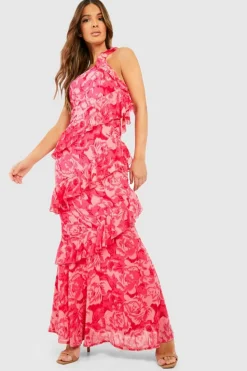 Maxi Dresses*boohoo Chiffon Printed One Shoulder Maxi Dress pink