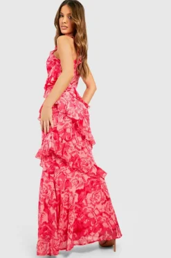 Maxi Dresses*boohoo Chiffon Printed One Shoulder Maxi Dress pink