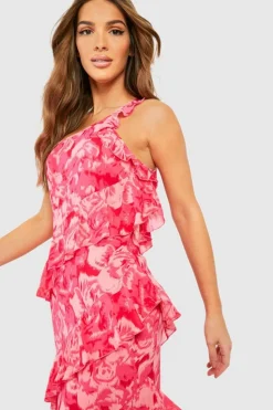 Maxi Dresses*boohoo Chiffon Printed One Shoulder Maxi Dress pink