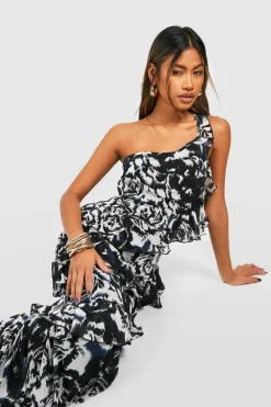 Maxi Dresses*boohoo Chiffon Printed One Shoulder Maxi Dress black
