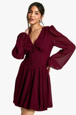 Skater Dresses|Mini Dresses*boohoo Chiffon Puff Sleeve Milkmaid Skater Dress burgundy