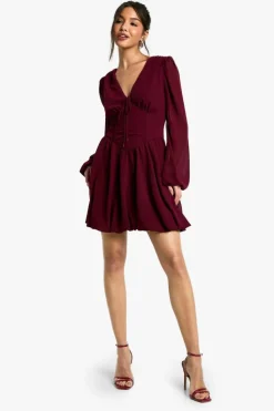 Skater Dresses|Mini Dresses*boohoo Chiffon Puff Sleeve Milkmaid Skater Dress burgundy