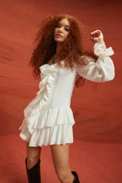 Smock Dresses*boohoo Chiffon Ruffle Cold Shoulder Smock Dress white