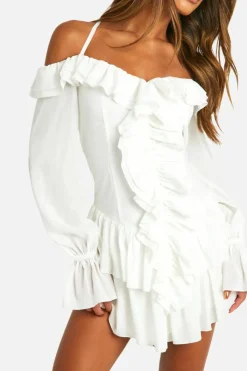 Smock Dresses*boohoo Chiffon Ruffle Cold Shoulder Smock Dress white