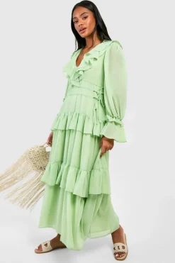 Smock Dresses*boohoo Chiffon Ruffle Detail Midaxi Smock Dress green