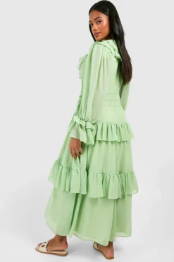 Smock Dresses*boohoo Chiffon Ruffle Detail Midaxi Smock Dress green