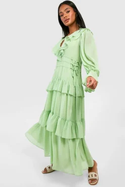 Smock Dresses*boohoo Chiffon Ruffle Detail Midaxi Smock Dress green