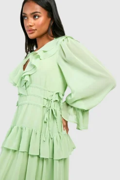 Smock Dresses*boohoo Chiffon Ruffle Detail Midaxi Smock Dress green