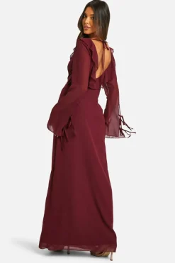 Maxi Dresses|Long Sleeve Dresses*boohoo Chiffon Ruffle Front Tie Sleeve Maxi Dress burgundy