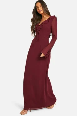 Maxi Dresses|Long Sleeve Dresses*boohoo Chiffon Ruffle Front Tie Sleeve Maxi Dress burgundy