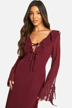 Maxi Dresses|Long Sleeve Dresses*boohoo Chiffon Ruffle Front Tie Sleeve Maxi Dress burgundy